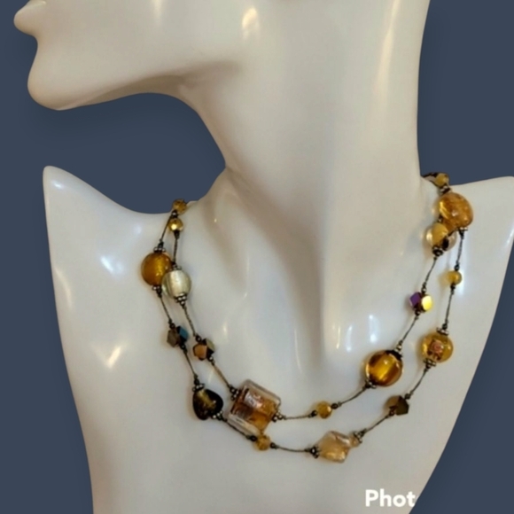 PREMIER DESIGNS Amber Foil Lampwork Glass Bead Chain Station Necklace - Picture 1 of 10
